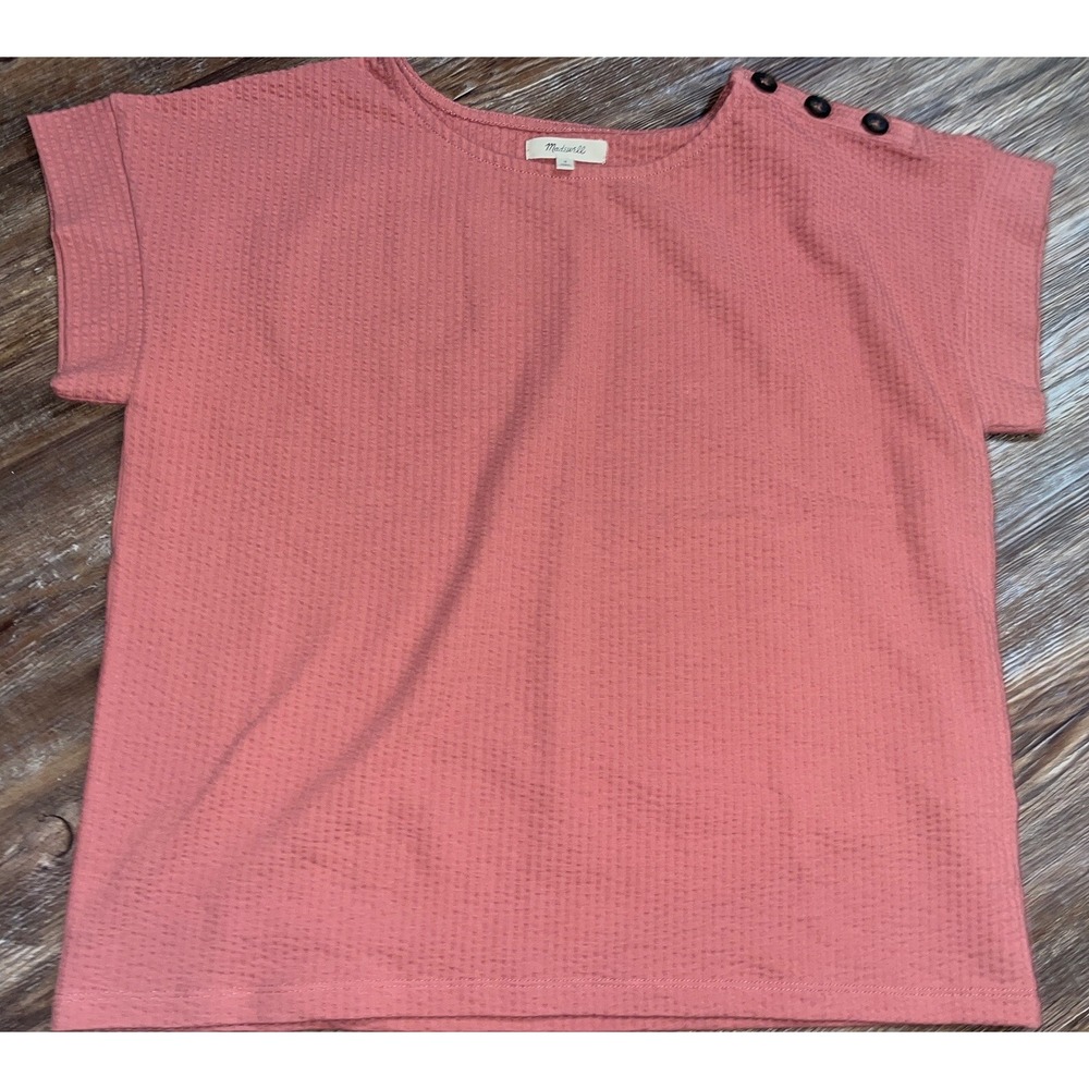 Madewell Knit Short Sleeve Fall Color 3 Button Sleeve Ribbed‎ Blouse Burnt Red